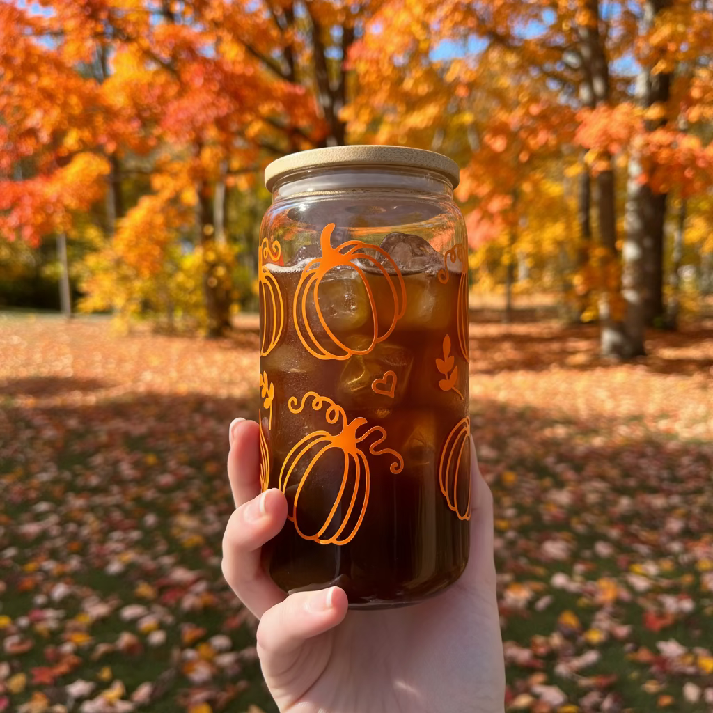 Clear glass jar with orange pumpkin designs held by a hand on a road background
